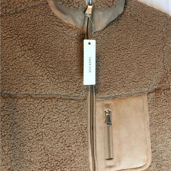 KIDS Girl Copper Key Khaki Tan Beige Faux Fur Jacket Coat Front Pocket - Picture 6 of 8